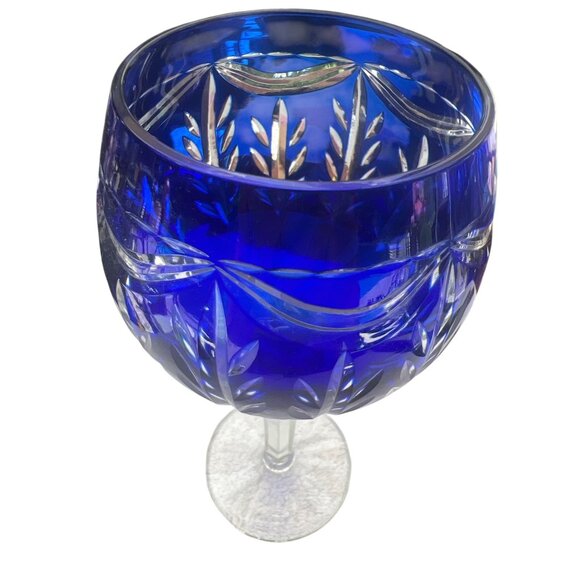 Vintage Cobalt Blue Cut Crystal Wine Goblet With Clear Stem - Picture 4 of 6